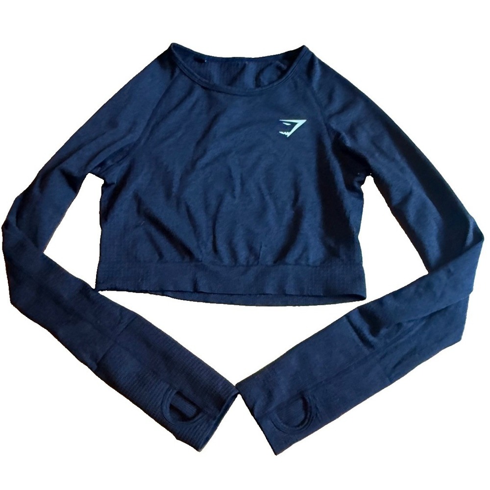 Gymshark Shirt Womens XS Black Long Sleeve Crop Top Training Workout Gym Stretch